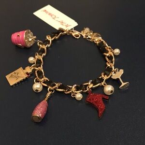 Betsey Johnson Gold Tone Going Out Charm Bracelet Woven Chain Accent NWT